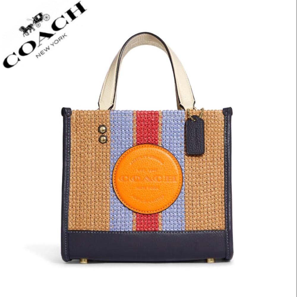 NWT COACH CA291 DEMPSEY TOTE 22 WITH COACH PATCH STRAW/LEATHER SHOULDER BAG